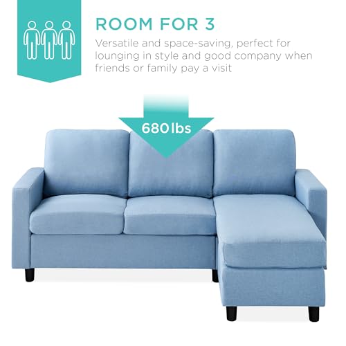 Image of Best Choice Products Upholstered Sectional Sofa for Home, Apartment, Dorm, Bonus Room, Compact Spaces w /Chaise Lounge, 3-Seat, L-Shape Design, Reversible Ottoman Bench, 680lb Capacity - Light Blue