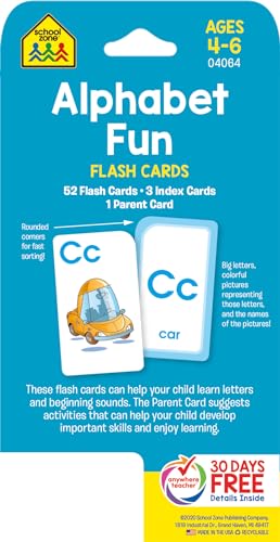School Zone Alphabet Fun Flash Cards: 56 Cards, Preschool, Kindergarten, ABCs, Uppercase and Lowercase Letters, Spelling, Ages 4 to 6
