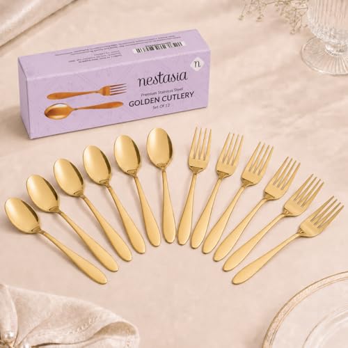Image of Nestasia Stainless Steel 12 Piece Cutlery Set for Dining Table - Rust & Stain Resistant 6 Spoons & 6 Forks with Glossy Finish | Gold PVD-Coated Flatware Set for Home, Kitchen & Gifting