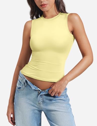 Image of YEOREO Women Basic Mock Neck Workout Crop Top Sleeveless Double Lined Tank Tee Slim Fitted Ruched Going Out Camisole