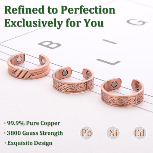 3 Copper Rings for Men, 99.99% Solid Pure Copper, 3pcs 3500 Gauss #9 Rings Vintage Pattern Adjustable Cuff Ring2