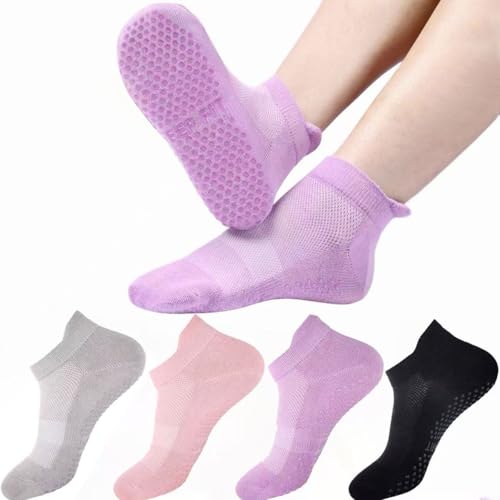 4 Pairs Grip Socks Pilates Socks for Women Non Slip Yoga Athletic for Barre Travel (US, Numeric, 5,...