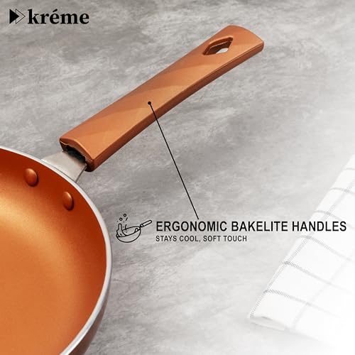 Image of Kreme Sonet Non Stick Frying Pan, 24 cm Diameter, Low Oil Cooking, Easy to Clean, Induction and Gas Compatible, PFOA Free, Cooking, Frying, cookware, Bronze