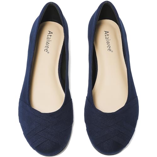 Ataiwee Women's Wide Width Flats Shoes - Dressy Round Toe Cute Plus Size Suede Ballet Shoes.(1910002-9, BL/MF 8W)