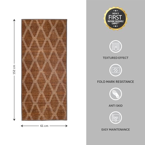 Image of Welspun Premium Runner for Hall, Bedroom & Living Room | Geometric Design | Textured Feel | Easy Maintenance | Fold Mark Resistance | Machine Tufted | (2 x 5 ft, Brown)