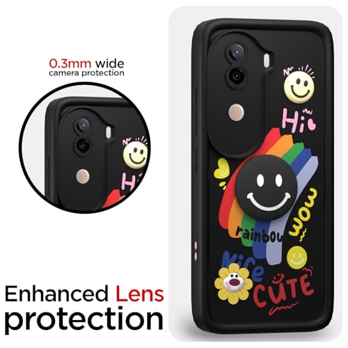 Image of Pikkme Back Cover for iQOO Z9s 5G / Vivo V40e 5G | Soft Silicone| Cute Rainbow Smile & 3D Cartoon Flower Design | Shockproof Raised Camera Protection Bumper Case (Black)