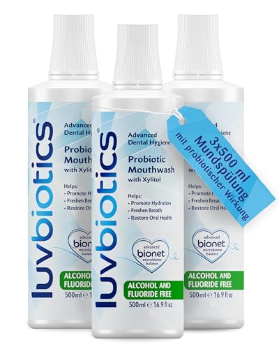 Luvbiotics – Mundspülung ohne Alkohol mit Probiotika, Xylit & ohne Fluorid 3x500ml Set – Mundwasser gegen Mundgeruch, Zahnfleischentzündungen & Aphten – Mouthwash für Mundhygiene – SLS- & Parabenfrei
