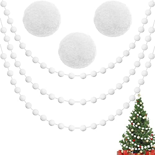 Jishi 3-Pack Pom Pom Garland White Felt Ball Ornament Garland Christmas Decorations - Cute Pompom Strings for Christmas Tree Decor, Xmas Holiday Party, Birthday Banner - 6.6 Feet Long, 24 Balls 25mm
