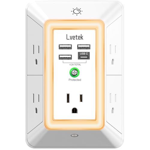 Multi Plug Outlet Surge Protector - Lvetek 3-Sided Power Strip with 5 Outlet Extender and 4 USB Ports(1 USB-C) and Night Light, USB Wall Charger for Home, Office, Travel, ETL Listed, White