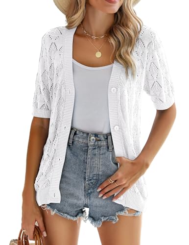 Image of Zeagoo Women's Short Sleeve 2026 Summer Crochet Cropped Cardigan V Neck Button up Bolero Shrug Sweater