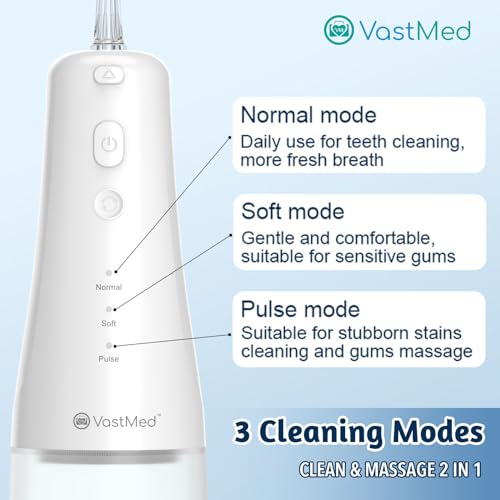 VASTMED Water Dental Flosser Cordless for Teeth Cleaning | 3 Modes Oral Irrigator for Dental Cleaning with 2 Jet Tips 300ML Braces Flossers Cleaner | Portable IPX7 Waterproof for Home Travel - Thumbnail 4