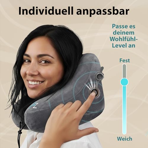 FLOWZOOM Air Nackenkissen Flugzeug in H-Design, Reisekissen für 5 Schlafpositionen, schnell aufblasbar & druckregulierbar, Nackenhörnchen mit Abnehmbarer Kapuze & Plüschbezug - Größe L, Grau