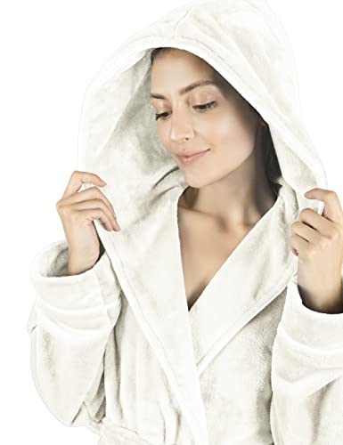Gräfenstayn Bademantel Damen flauschig mit Kapuze - Kuschelfleece - Öko-Tex Standard 100 - Morgenmantel leicht & kurz - Größe (S, Creme)