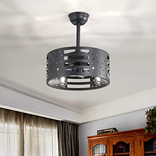 Ventilateur de plafond DC noir réversible avec lampe cage de fer industrielle rétro à 6 vitesses