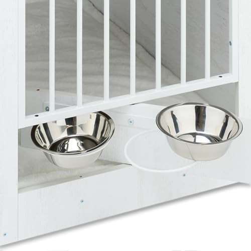 Relaxdays Hundekäfig, für Zuhause, HBT: 65,5x102x60 cm, Hundemöbel, 2 drehbare Näpfe, Hundebox, MDF & Stahl, weiß/braun