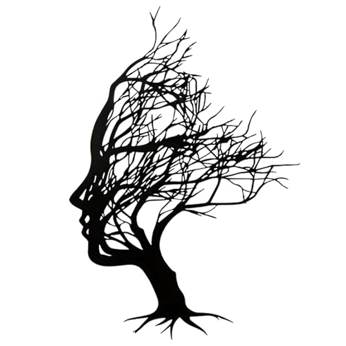 Huspox Abstract Tree Face Metal Wall Art Decor 40x28cm, Tree of Life Women Face Wall Hanging Sculpture Black