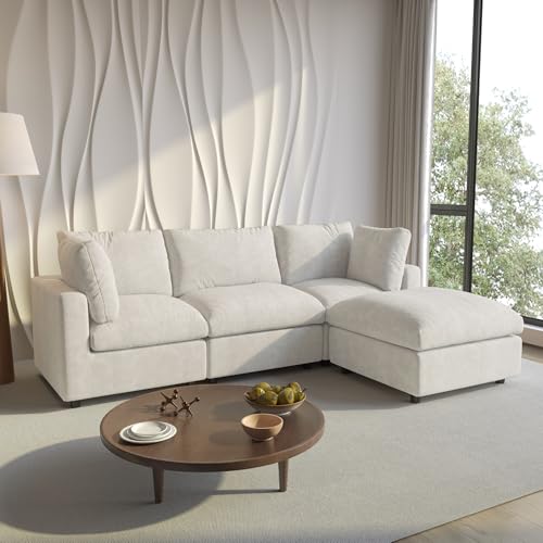Cloud Sectional Couches for Living Room,100.5\" Convertible L Shaped Couch with Ottoman, 4 Seater Modular Sectional Sofa,Deep Seater Furniture Sets,Beige
