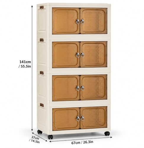 Image of KRISHYAM 4-Layer Plastic Storage Cabinet with 4 Translucent Doors & Caster Wheels, Multipurpose Clothes Organizer for Bedroom, Kids Room, Bathroom & Home, 141 x 67 x 37 cm (Black & White)