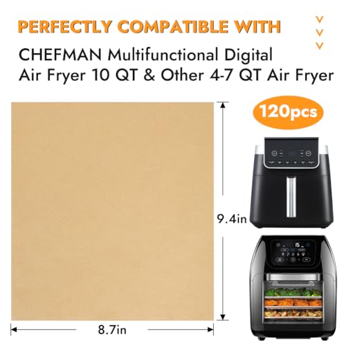 BYKITCHEN 9.4x8.7in Air Fryer Liners Compatible with 4-7QT Airfryer &CHEFMAN 10QT Multifunctional Airfryer, 120PCS Air Fryer Disposable Parchment Paper Liners, Air Fry Dehydrator Combo Accessories