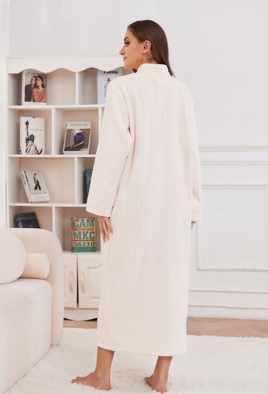 LYCY Women Plush Zipper Robe, Long Fleece House Coat Nightgown with Pockets Solid Bathrobe - Image 6