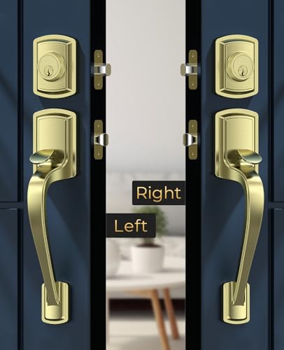 Image of Front Door Handle and Deadbolt Set for Right & Left Handed, Front Door Lock Set with Single Cylinder Deadbolt, Entry Doors Locksets with Modern Exterior Handle, Reversible Lever, Gold