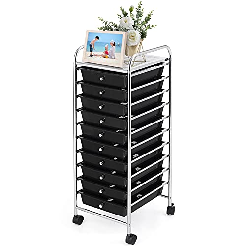 GOFLAME 10-Drawer Rolling Storage Drawer Cart, Utility Cart with Removable Drawers & Metal Frame, Mobile Art Craft Drawer Cart with Lockable Wheels for Home, Office, Studio, School, Black