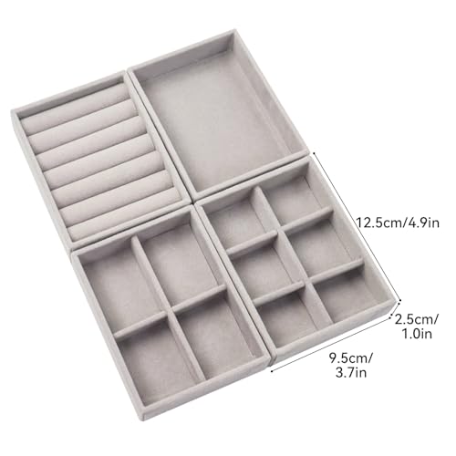 Nwvuop 4 Pack Jewellery Organizer Tray, Stackable Velvet Small Jewellery Trays for Drawer, Mini Jewelry Drawer Organiser Earring Organiser 4.92× 3.74× 1 inches(Grey)