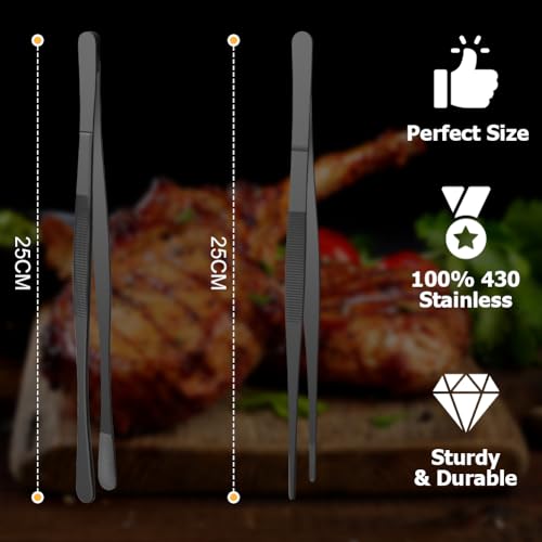 HOTUT Cooking Tweezers Tongs Precision Serrated Tips,2pcs 25cm Kitchen Cooking Tweezers Culinary,Stainless Steel Long Tweezer Tongs,Straight Tweezers Kitchen Tool for BBQ,Plating and Serving (Black) - Image 2