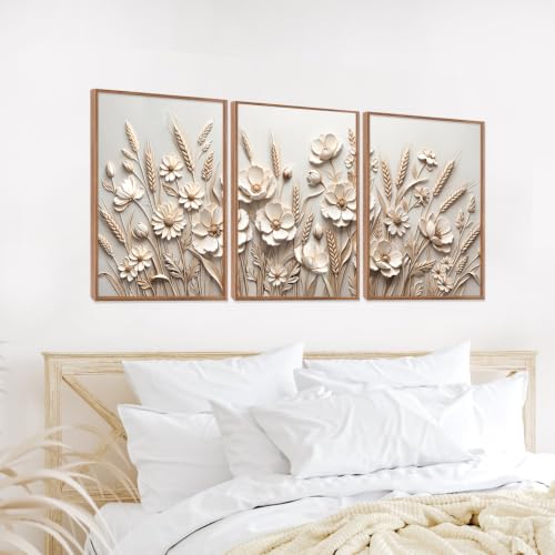Image of CHDITB 3D Textured Wheat Floral Wall Art,Neutral Beige Farmhouse Wall Decor