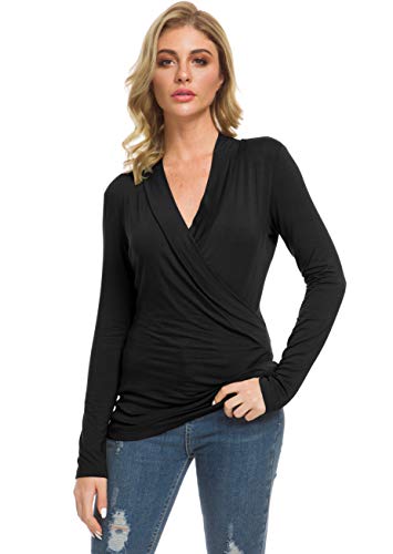 Afibi Womens Slim Fitted Deep V Neck Cross Wrap Top Long Sleeve T-Shirts4
