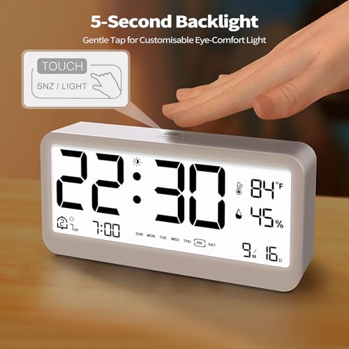 Reloj despertador digital blanco con higrómetro y formato de 12/24 horas 7