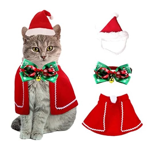QIMMU Gorra de Papá Noel de Navidad Ajustable de Mascotas, Capa, Collar de Pajarita,Disfraz de Navidad para Cachorro Gatito Gatos Pequeños Perros Mascotas