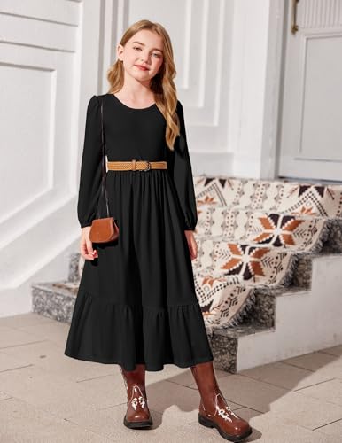 Image of Arshiner Girls Maxi Dresses Lantern Long Sleeve Casual Holiday Dress with Pockets for 5-14 Y