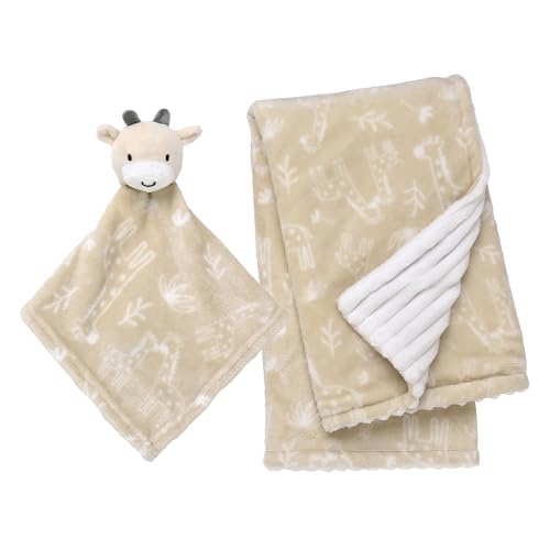 Image of 2-Piece Cuddle Plush Toy and Baby Blanket Gift Set, Giraffe with Animal Print and Ribbed Texture, Reversible (Tan Beige, 30 inch x 34 inch)