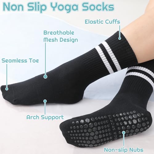 Jspupifip 6 Pairs Grip Pilates Socks Women, Non Slip Yoga Stripe Grippy Crew Breathable Cotton Socks for Ballet Dance2