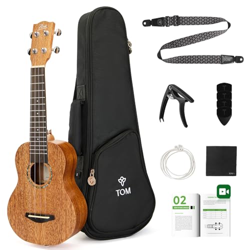 Image of TOM 21 inch Soprano Ukulele for Kids, Beginners & Professional - Solid Mahogany Top with Low Action for Easy Play, Includes Full Kit (Gig Bag, Strap, Capo, Tutorial) & D'Addario Strings (AM5-S)
