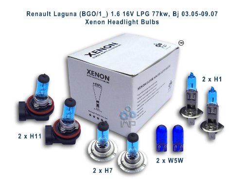 Renault Laguna (BGO-1_) 1.6 16V LPG 77kw, Bj 03.05-09.07 Xenon Headlight Bulbs H11, H1, H7, W5W