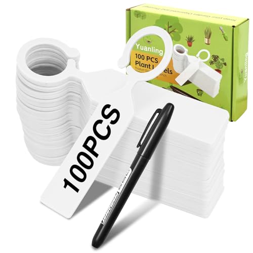 Plant Labels Yuanling 100Pcs Plastic Waterproof Plant Tree Tags Nursery Garden Markers for Indoor Outdoor Gardening Plants Vegetables Flowers Potted (White Color with 1 Marker Pen)