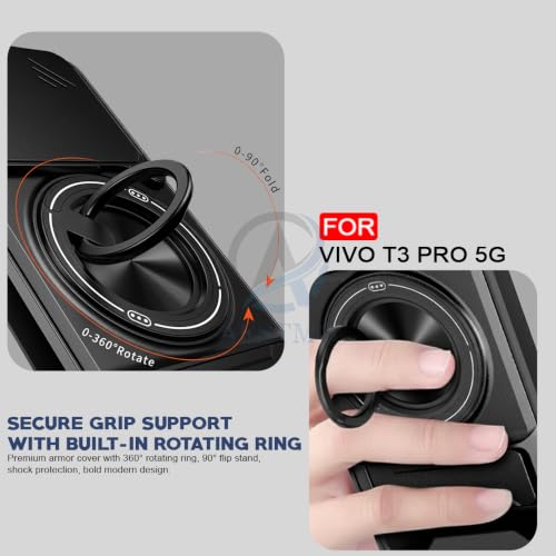 Image of AESTMO Vivo T3 Pro 5G Back Cover | Armor Camera Slider 360 Degree Rotating Finger Ring Holder Case with Bracket Stand Back Case Cover (Compatible with MagSafe Accessories) (Black)
