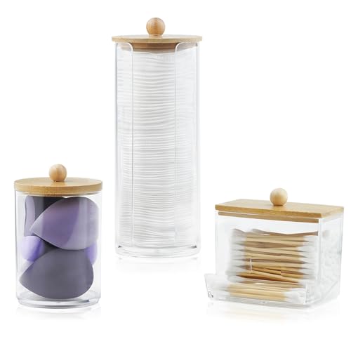 JINTANG 3 Pcs cotton pad holder,cotton bud holder with bamboo lid,cotton pad dispenser,bamboo bathroom accessories,for bathroom cotton wool balls jars,makeup remover cotton bud storage box