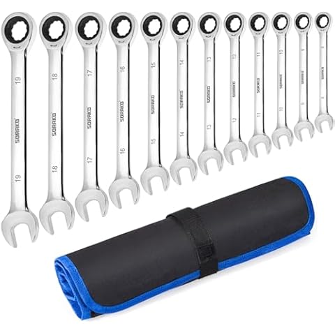 SORAKO Ratchet Spanner Set, 12PCS Spanner Sets, 72 Tooth Ratchet Gear 8-19 mm Metric Spanner Set, Fixed Head Combination Spanner Set in Roll Bag Cover
