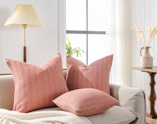 Image of 18x18 Throw Pillow Covers Set of 2 Boho Decorative Pillow Shams Stone Washed Cotton Pillowcase Waffle Square for Couch Sofa Chair Bed Car,Coral Pink