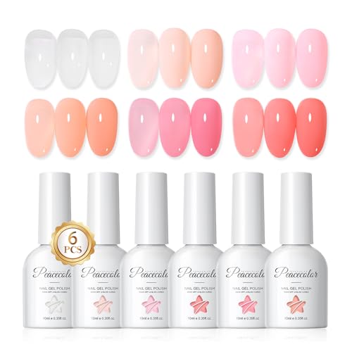 PEACECOLOR Jelly Gel Nail Polish Set- 6 Colors 10ML Pink Nude Clear Gel Nail Polish, Translucent Soak off U V LED Nail, Diffrent Seasons Nail DIY Manicure Gift for Women Girls