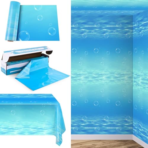 Image of Kochorie 54 Inch x 200 Ft Ocean Waves Plastic Tablecloth Roll in Slide Cutter Box Under the Sea Table Cover Blue Water Print Backdrop Bulletin Board Plastic Roll for Beach Pool Birthday Party Decor