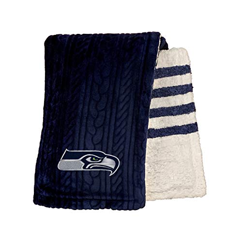 Pegasus Sports NFL Cable Knit Embossed Logo with Sherpa Stripe Blanket- Seattle Seahawks