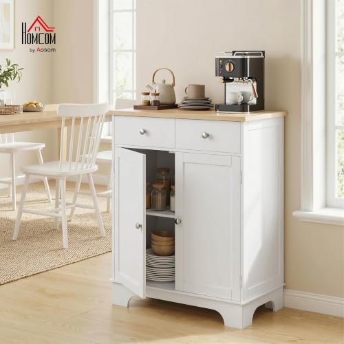 HOMCOM Sideboard Buffet Cabinet Solid Wood Countertop White - Image 2