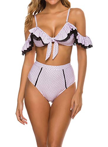 Conjunto de biquíni feminino VIMPUNEC com bolinhas, ombros de fora, com laço frontal, cintura alta,