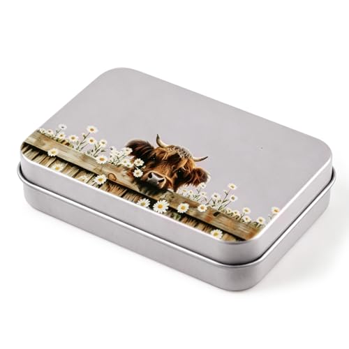 Zorvix Highland Cow Tobacco Snack Tin Metal Storage Boxes with Lid Silver Small Rectangular Storage Container Tin Leakproof Storage Container for Snacks Food with Capacity for Personal Use Gifting