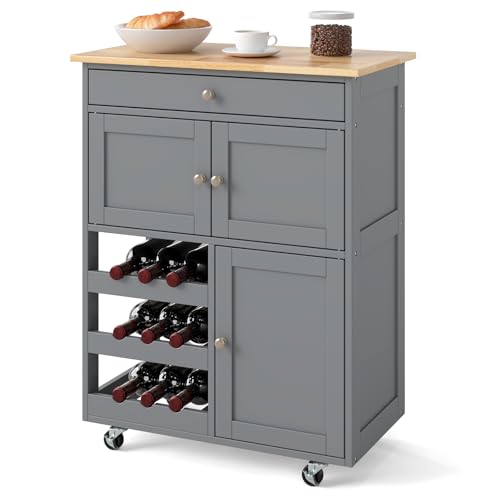 KOMFOTTEU Küchenwagen auf Rollen, Kücheninsel mit Weinregal & 2 Schränke & Schublade, Servierwagen aus Holz, Küchenrollwagen mit Arbeitsplatte, Küchentrolley für Küchen Esszimmer (Grau)