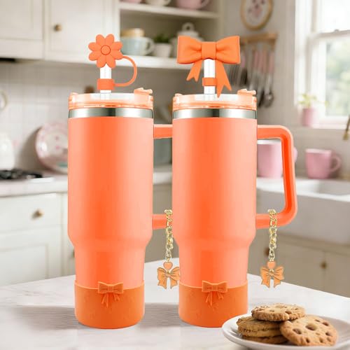 Hpebl 7Pcs Orange Cup Accessories for Stanley Cups 40/30oz Tumbler Including Bow Silicone Straw Cover Topper Boot Spill-Proof Stopper Set Bow Charm for Stanley Cup Tumbler Accessories — view 6